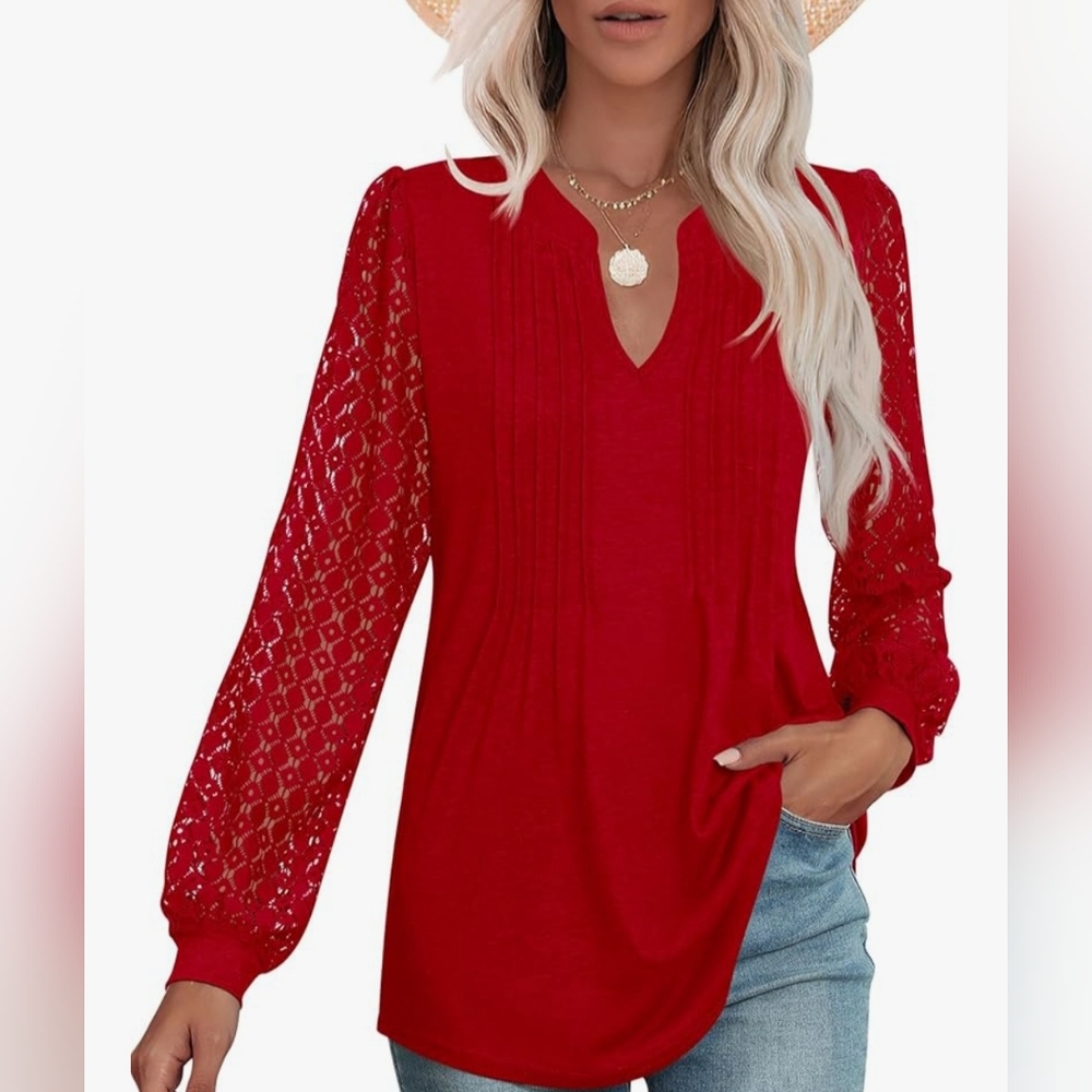 New Micoson Lace Long Sleeve Tops V Neck Pleated Blouses Dressy Casual